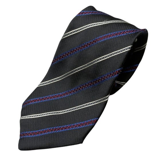 Ermenegildo Zegna Tie Striped 100% Silk Made in Italy Black/Blue Textured 4" - Picture 1 of 7